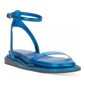 Jessica Simpson Blue Metallic & Clear Strap Ankle Sandals With Flat Sole.